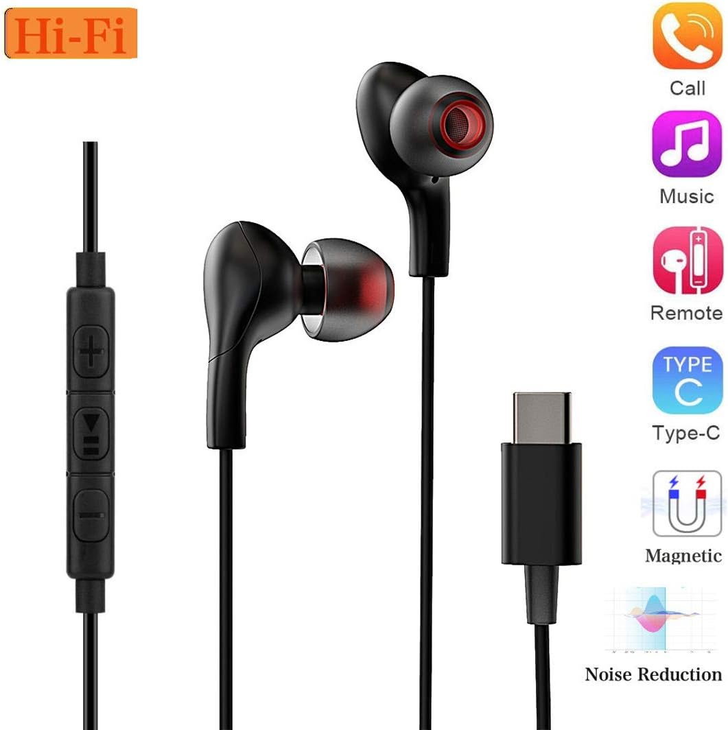 USB Type C Earphones, Wired in-Ear Extra Bass Noise Cancelling Headphones Magnetic Earbuds with Mic & Remote, Sports Headset for Google Pixel 2/XL, HTC 10/U11, Essential Phone and Type-c Devices