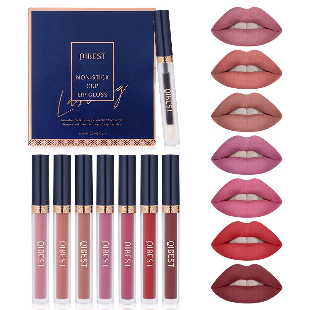 QiBest 7Pcs Matte Liquid Lipstick + 1Pcs Lip Plumper Makeup Set Kit, Pigmented Long Lasting Lip Gloss Set, Velvet Waterproof Halloween Lip Makeup Valentine's Gift Sets for Girls and Women