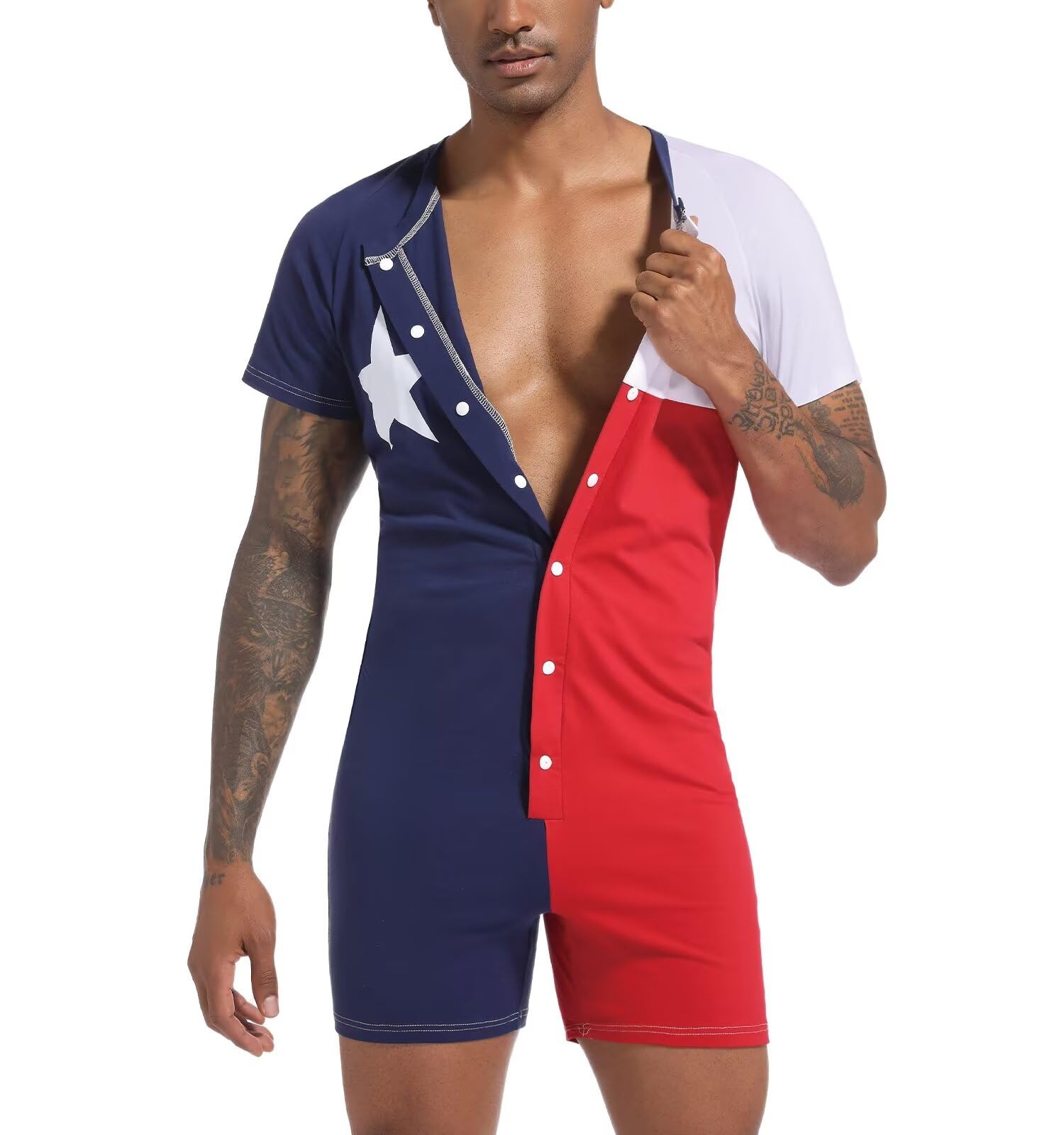 Landofgenie Męskie Body Onesie Bawełniane Jednoczęściowe Piżamy z Guzikami w Kroczu Piżama Czerwona Niebieska Kontrastująca