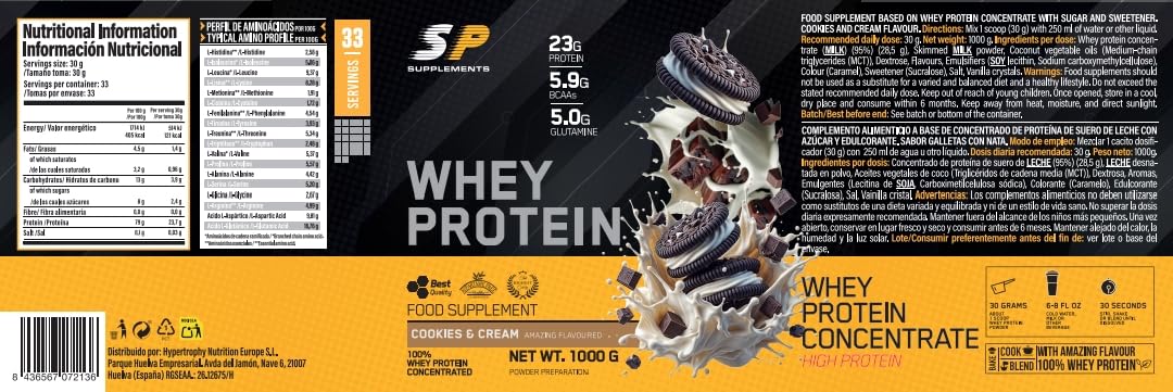 SP - Whey Protein - Concentrado de Proteína Whey de suero de leche en polvo - sin grumos - 1kg Sabor Cookies & Cream