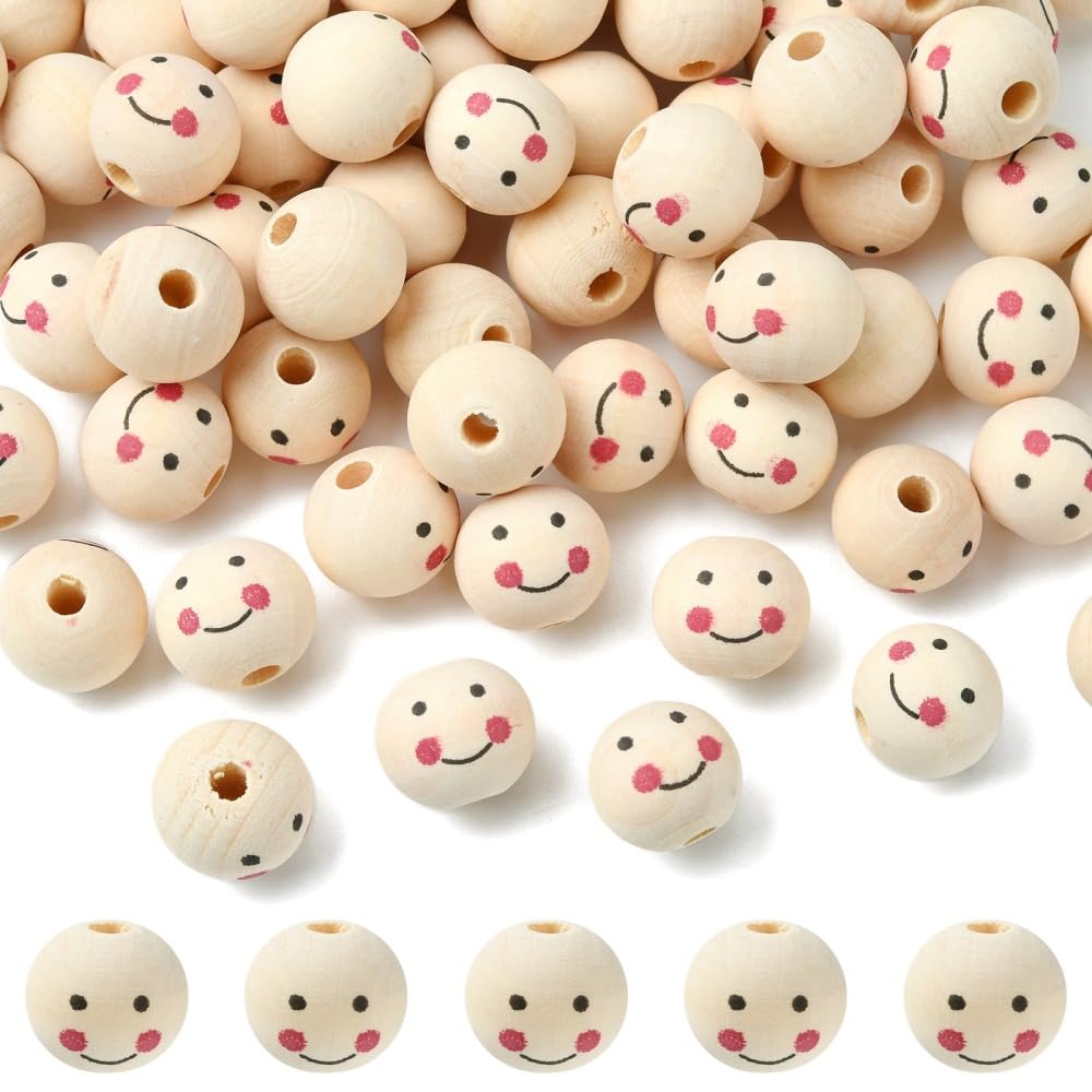 DanLingJewelry 200Pcs Random 25mm Unfinished Natural Wood Beads Wooden Happy Face Print Round Beads for DIY Jewelry Making