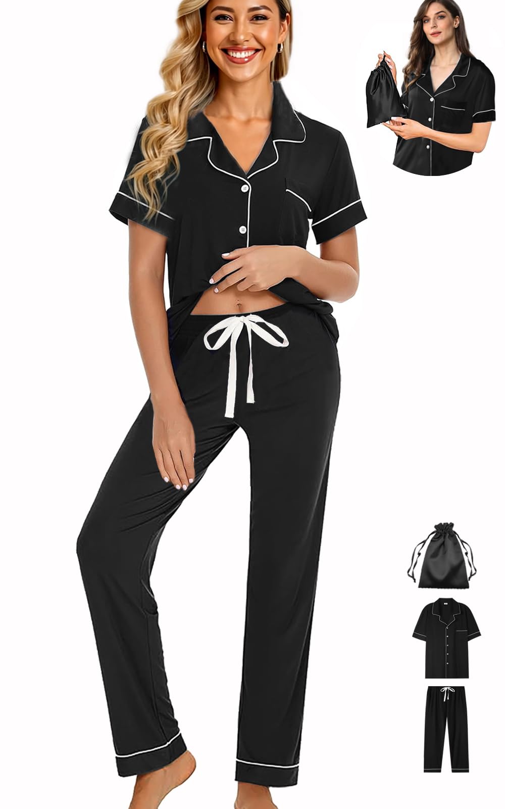 WJing Yi Jia Womens 3Pcs Pajamas Set Soft Pajama Sets Button Down Pjs Set Knit Sleepwear Lounge Sets with Long Pants XS-XXL