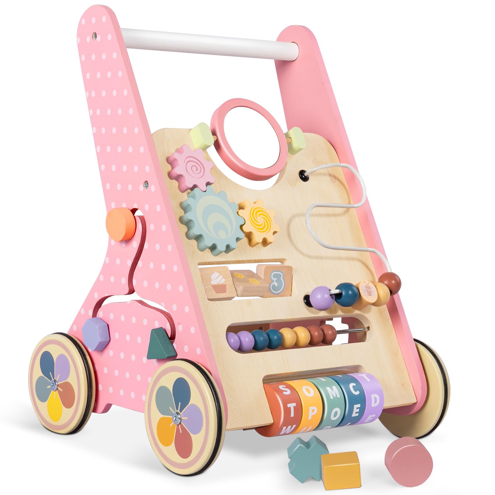 Wooden Baby Walker with Wheels, Baby Push Walkers for Girls 12 Months, Baby Activity Center Sit to Stand Walker Small Size