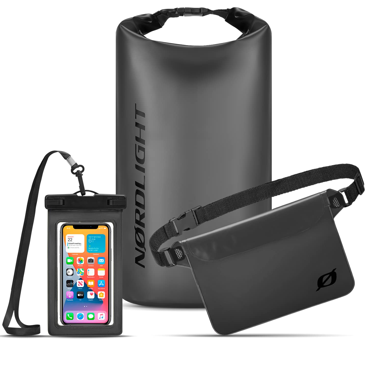 Nordlight Set of 3 Waterproof Bags (Anthracite) - 20L Dry Bag + Waterproof Mobile Phone Case + Waterproof Waist Bag | IPX8 Protection | For Beach Rowing and Standing Up