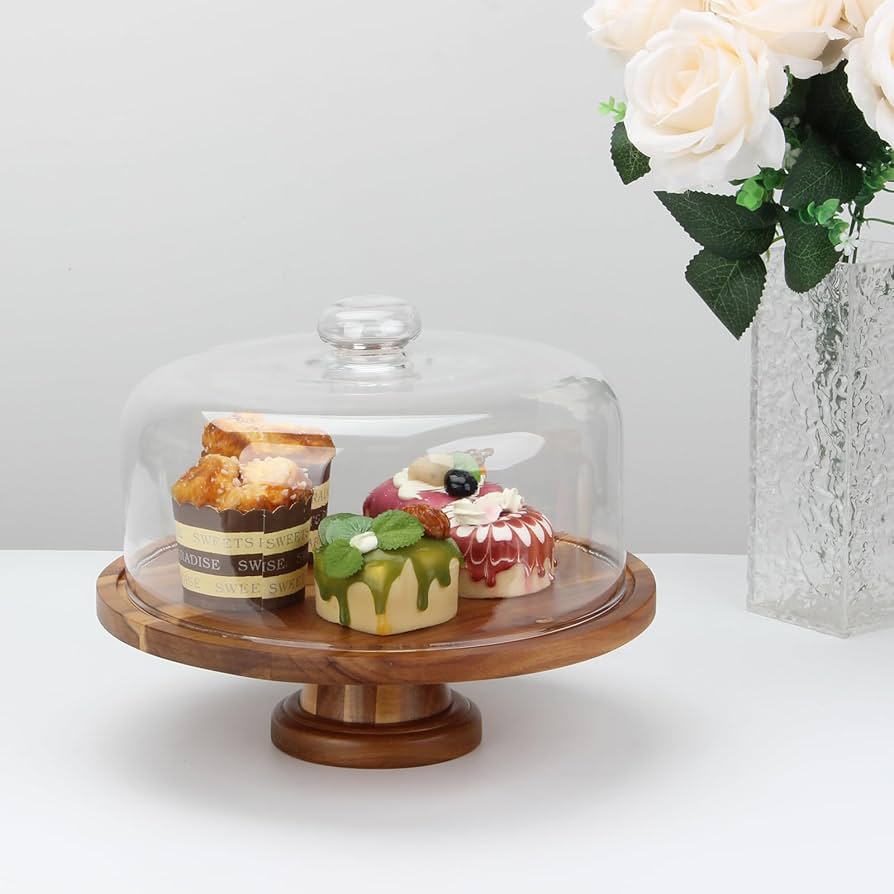 食器 cake KVMORZE 10.4''Wooden Cake Stand with Glass Dome, 2-in-1