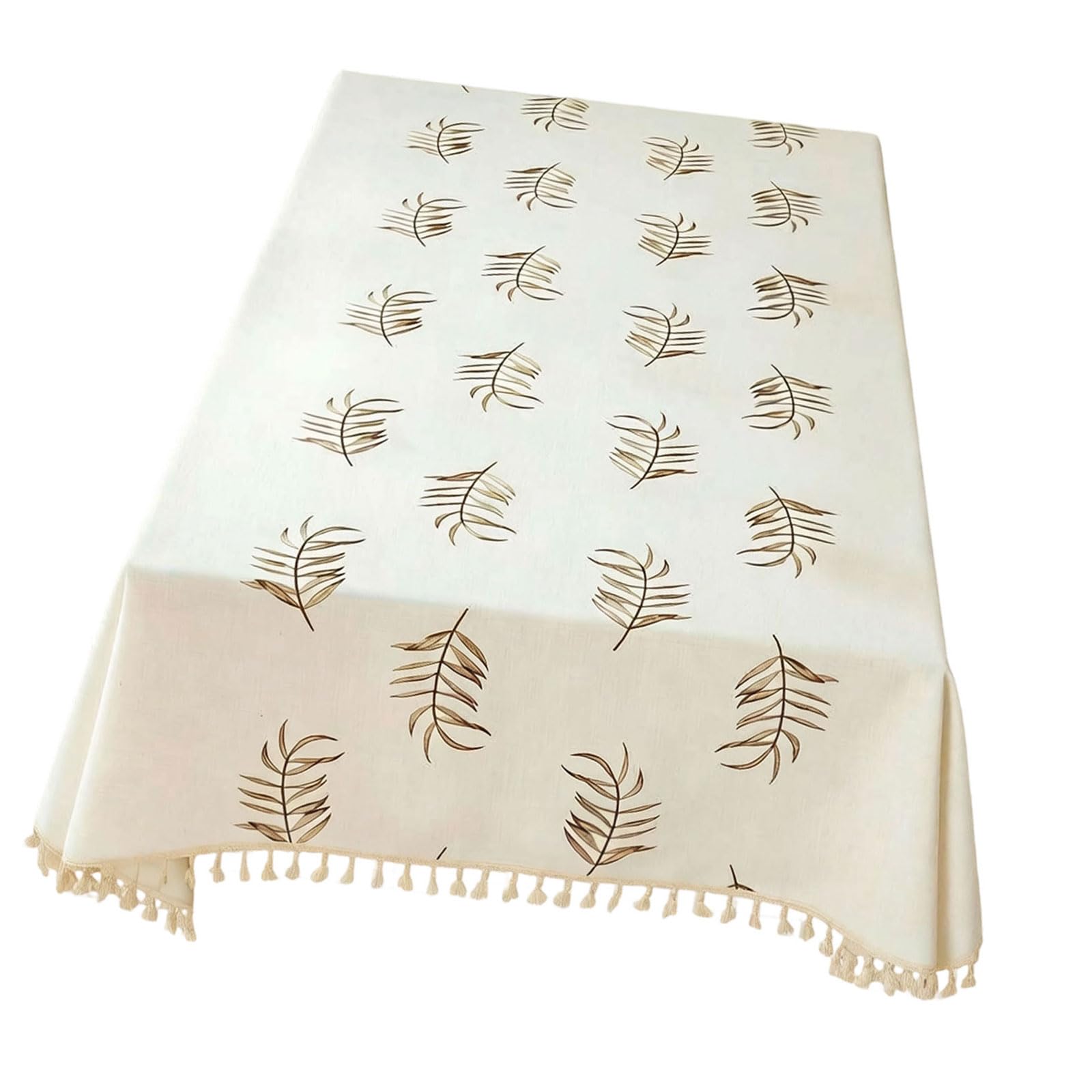 Ekoama Nordic Tablecloth With Tassels Trim Leaves Embroidered Rectangular Table Cover For Dining Room Kitchen Restaurant Decors