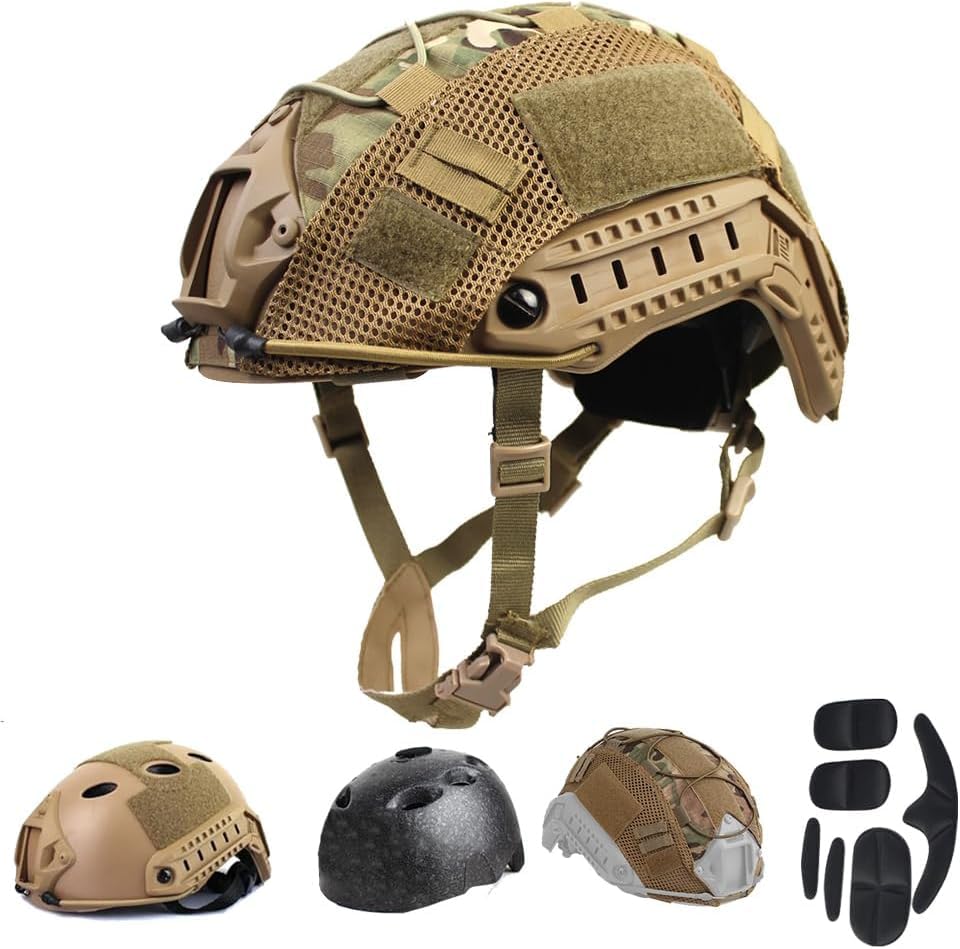 Tactical Airsoft Paintball Fast Helmet + Helmet CoverPJ Type Tactical Multifunctional Protective NVG Mount For Outdoor Sports Hunting Shooting (Black)