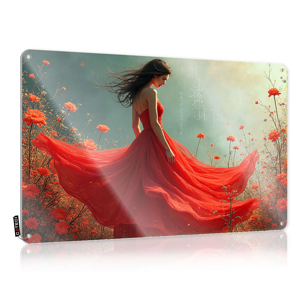 Sujd Colour Plaque Western Statue Home Decor - A Woman In A Flowing Red Dress Amidst Vibrant Orange Flowers. Valentine's Day Rustic Style Artwork For Patio(30X40cm)