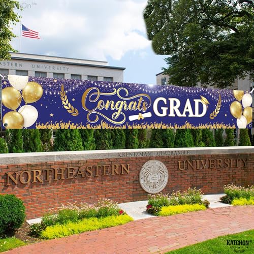 Image of Graduation Decorations 2026 | Xtralarge Blue and Gold Congrats Grad Banner - 120x20 Inch | Graduation Yard Banner | Grad Banner Class Of 2026 | Class of 2026 Decorations | KatchOn