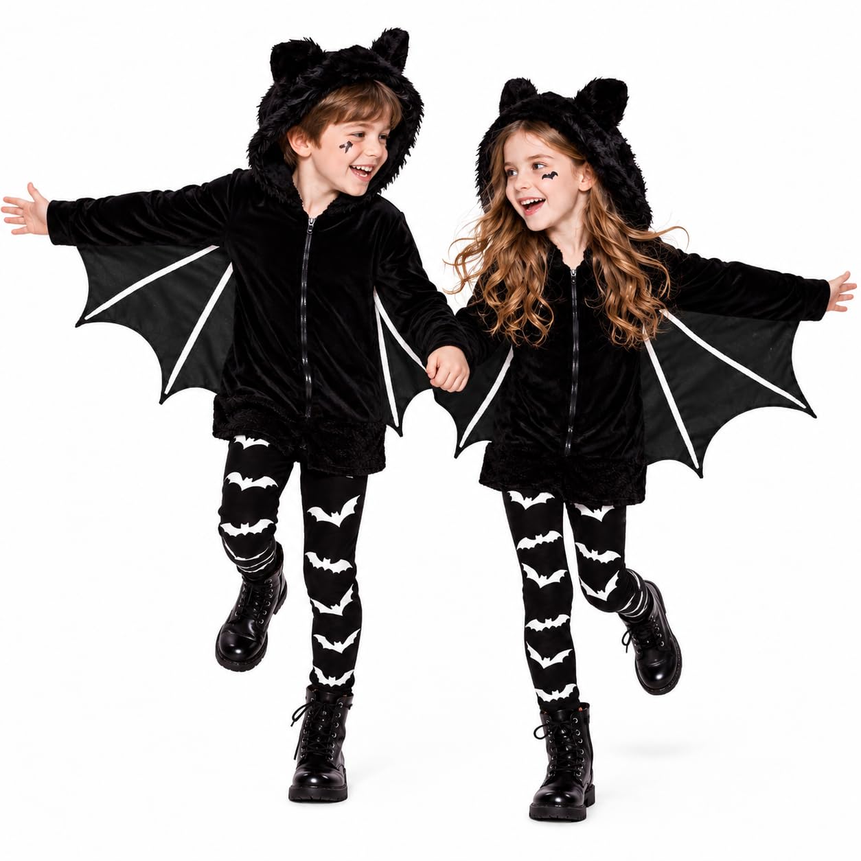 Kids Bat Costumes Halloween 2 Piece Sets Bat Wing Hooded Jackets with Pants, 3-13 Years Boys Girls Bat Costume Velvet Zip Up Hoodies and Pants Cosplay Costumes For Halloween