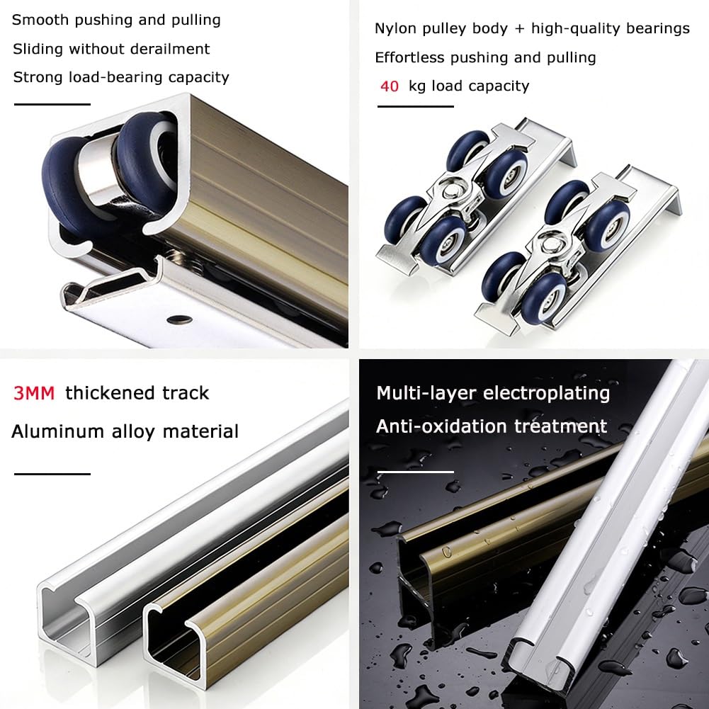 Kit de riel de puerta corredera de techo doble, sistema invisible de puerta corredera para armario, muebles, riel de aluminio y rodillos de acero, kit de herrajes de funcionamiento suave
