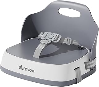 UBRAVOO Portable Booster Seat for Dining, Travel High Chair with 3-Point Harness and 2 Adjustable Straps, Washable Baby Food Chairs 6 Months Plus Sitting Up(Grey)