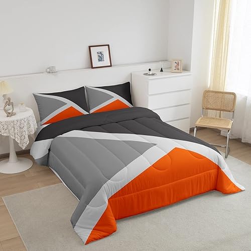 Miniatura 2 de Juego de edredón geométrico triangular, color naranja, gris oscuro, gris claro, tamaño Queen, para adolescentes, niños y niñas, juego de edredón