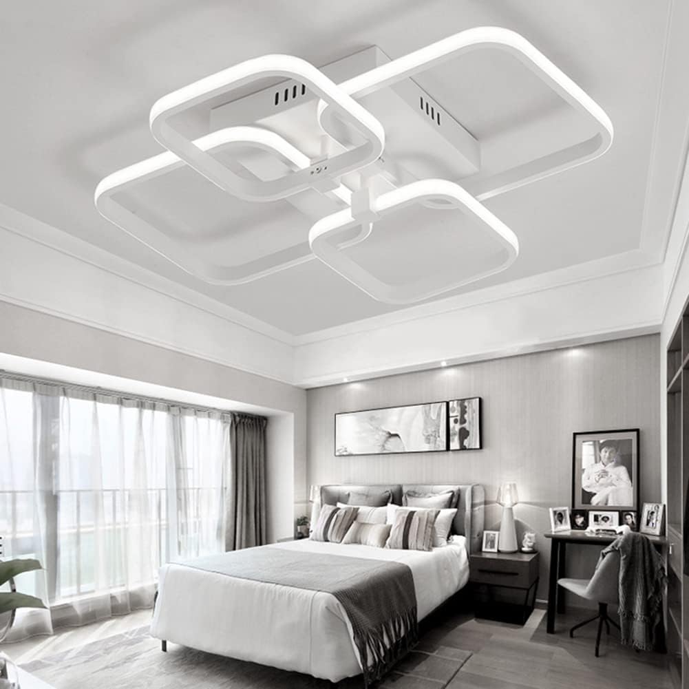 XEMQENER Modern LED Ceiling Light with 4 White Squares, 60W Flush Mount Pendant Light, Acrylic Chandelier for Living Room Bedroom Dining Room, 6000K Cool White Light Only