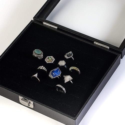 Miniatura 6 de Barelove Estuche organizador de almacenamiento de anillos de joyería, caja de almacenamiento de anillos de vidrio de terciopelo de madera negra