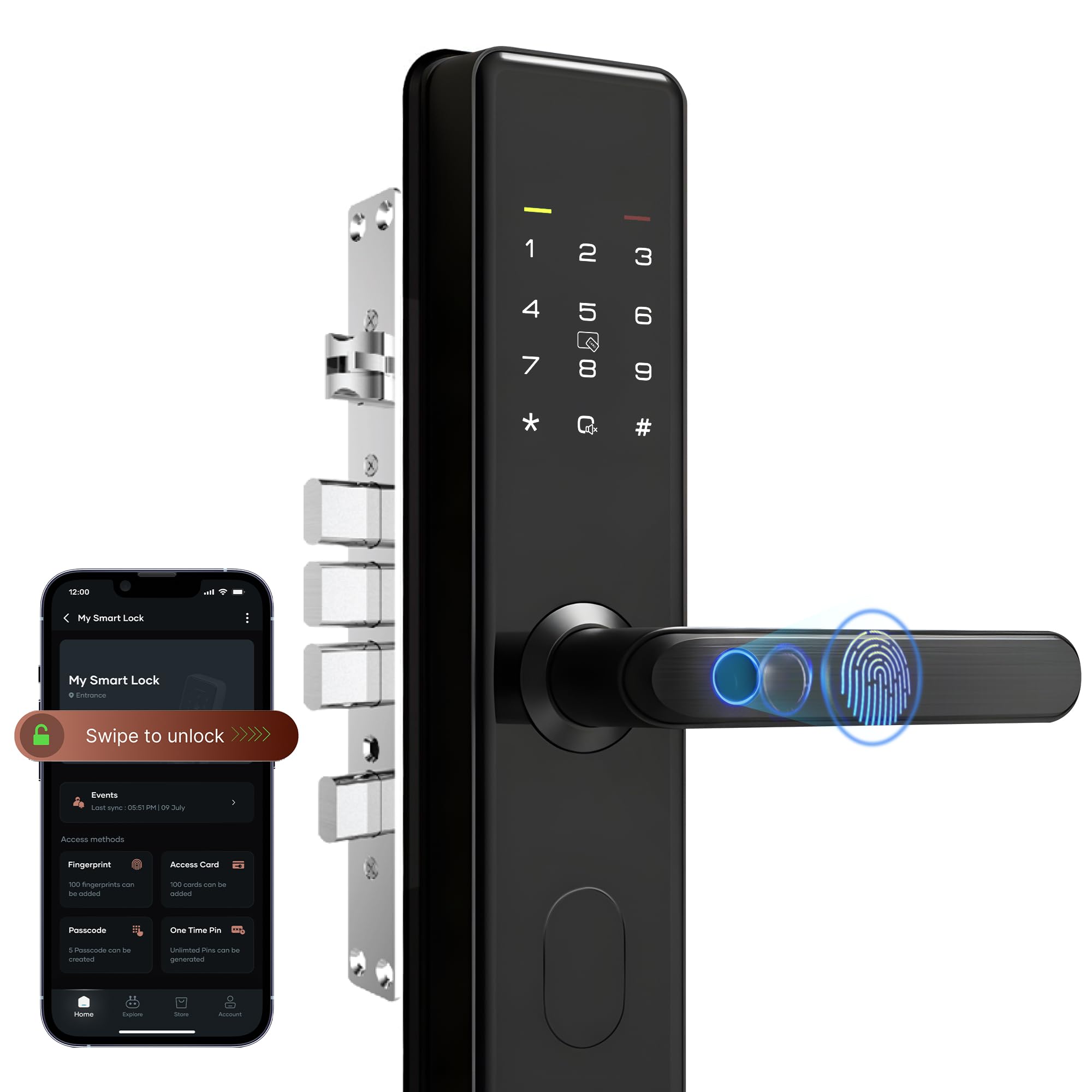 Smart Door Lock Select from Hero Group | 6-Way Unlocking | 5 Bolts | Fingerprint | Remote Unlocking via OTP | PIN | Access Card | Mobile App | Mechanical Key | 2 Years Brand Warranty | (Black)