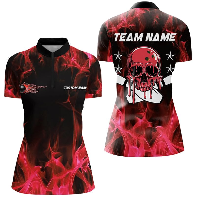 Personalisiertes Bowling Team Shirts mit Rotem Flammen-Totenkopf, Bowling Polo/Viertelreißverschluss Shirts für Männer & Frauen I6180