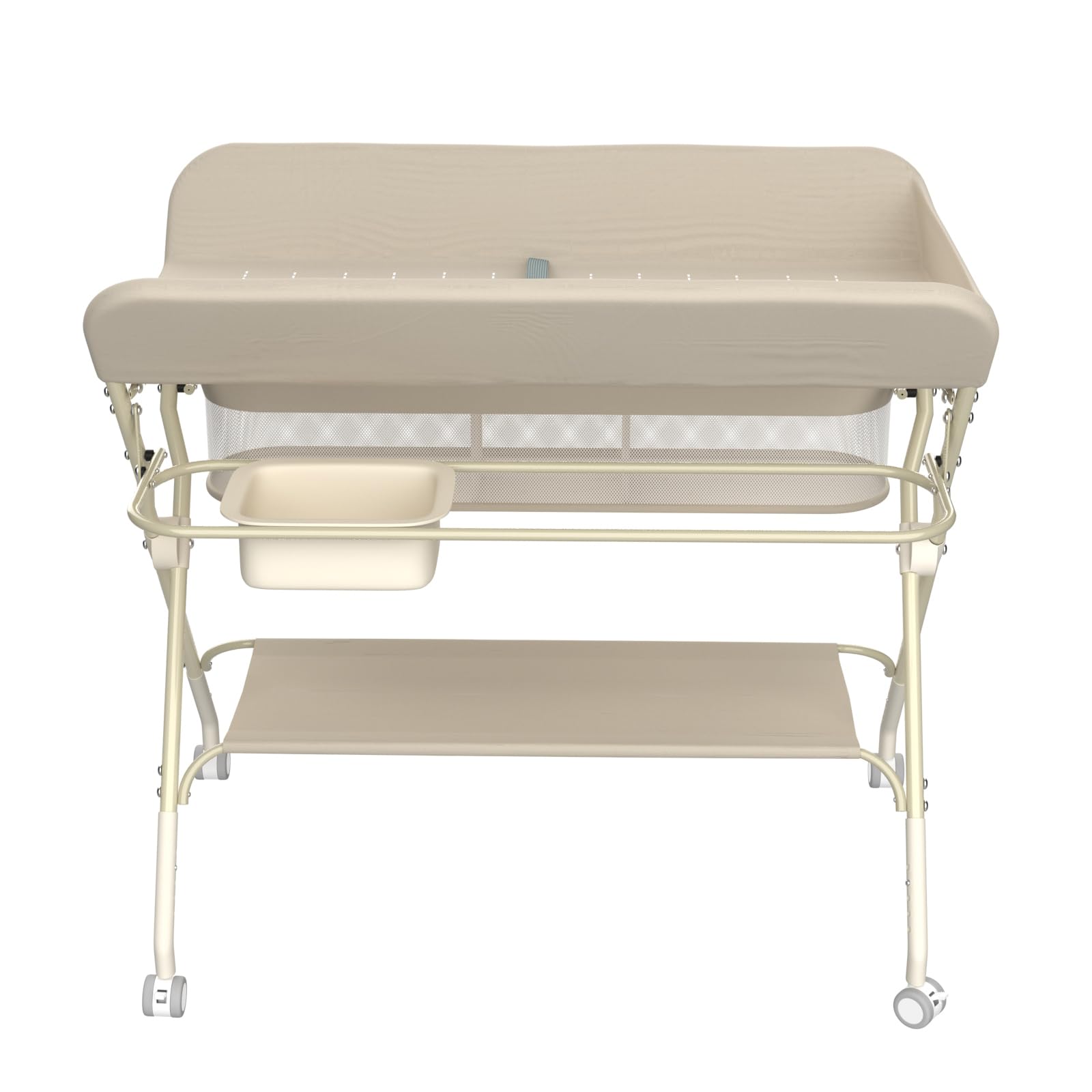 Wickeltisch, 3-in-1, Wickelkommode für Baby, von Geburt bis 12 Monate (bis 25 kg), Wickeltisch, faltbar, tragbar, Wickeltisch für Babys, mit 4 Rollen,75 x 68 x 83–91 cm (Cremeweiß)