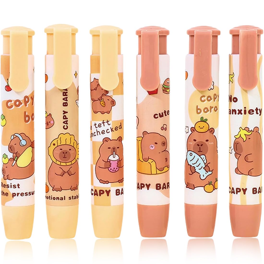 6 Pezzi Gomme da Cancellare a Forma di Penna, Capibara Regalini Fine Festa Compleanno Bambini, Capibara Gomme Retrattili con Motivi Cartoneschi, Ideale Gadget Compleanno Bambini
