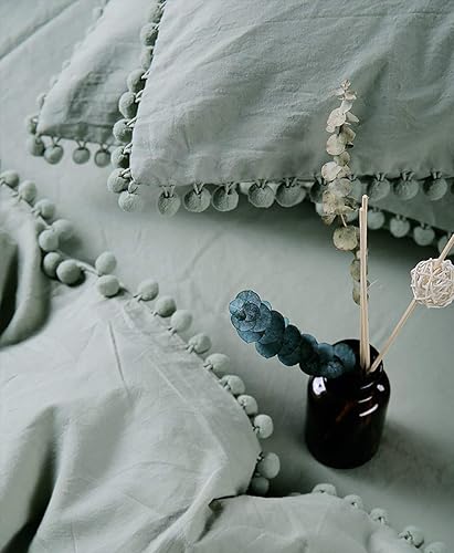 Miniatura 4 de TanNicoor Juego de 2 fundas de almohada con flecos y pompones, color verde, fundas de almohada tamaño King con cierre de sobre, 20 x 36 pulgadas