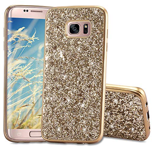 WIWJ Samsang Galaxy S7 Edge Glitter Case,Soft Silicone Case Glitter Sparkle Sequins Rhinestones Glossy Case Soft Protective Shell Gel TPU Diamond Bumper Back Cover Female Shell - Gold
