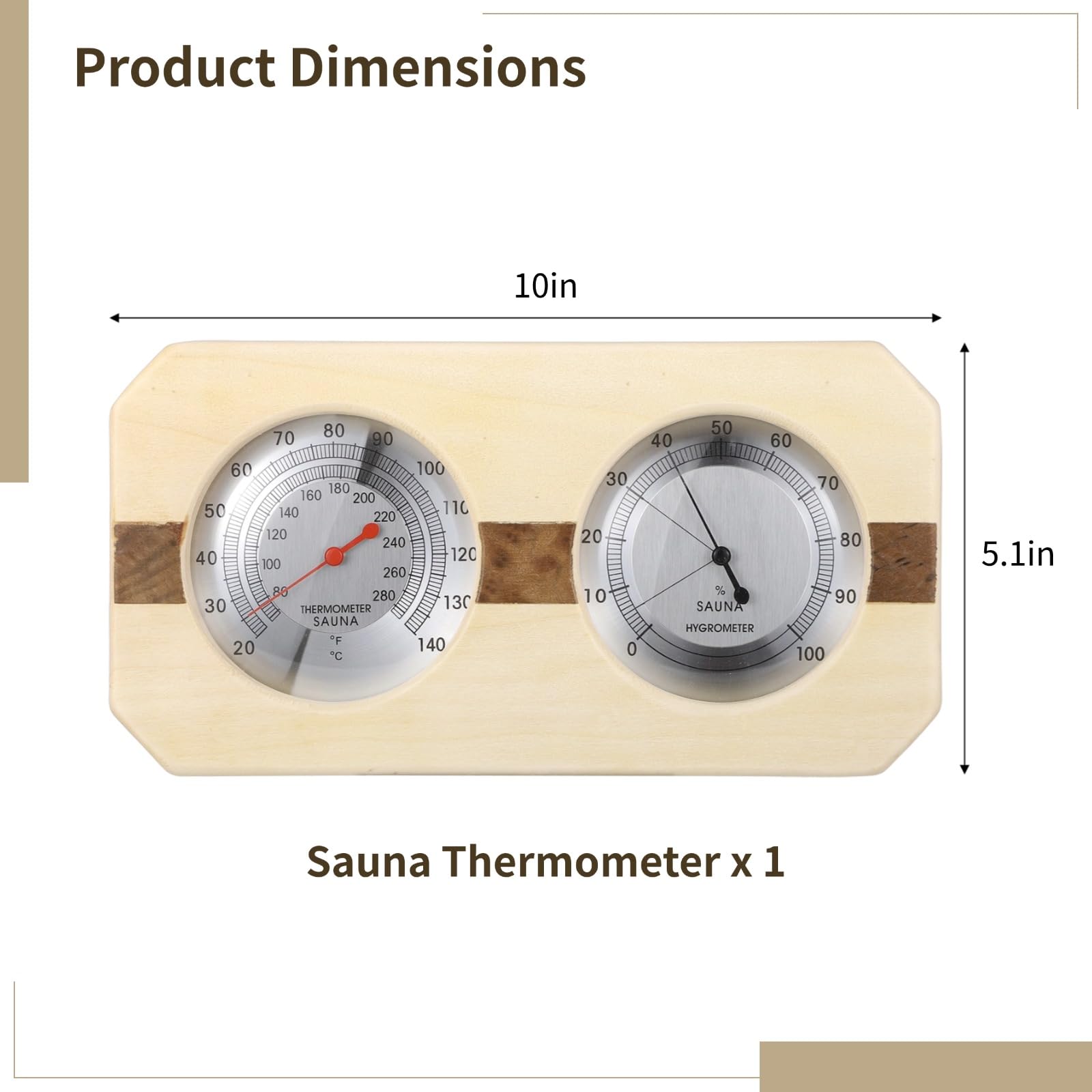 Termometr do sauny WJ-10C ze wskaźnikiem Fahrenheita, podwójna skala, termometr-higrometr z drewnianą podstawą do kontroli temperatury i wilgotności powietrza, stabilna metalowa rama