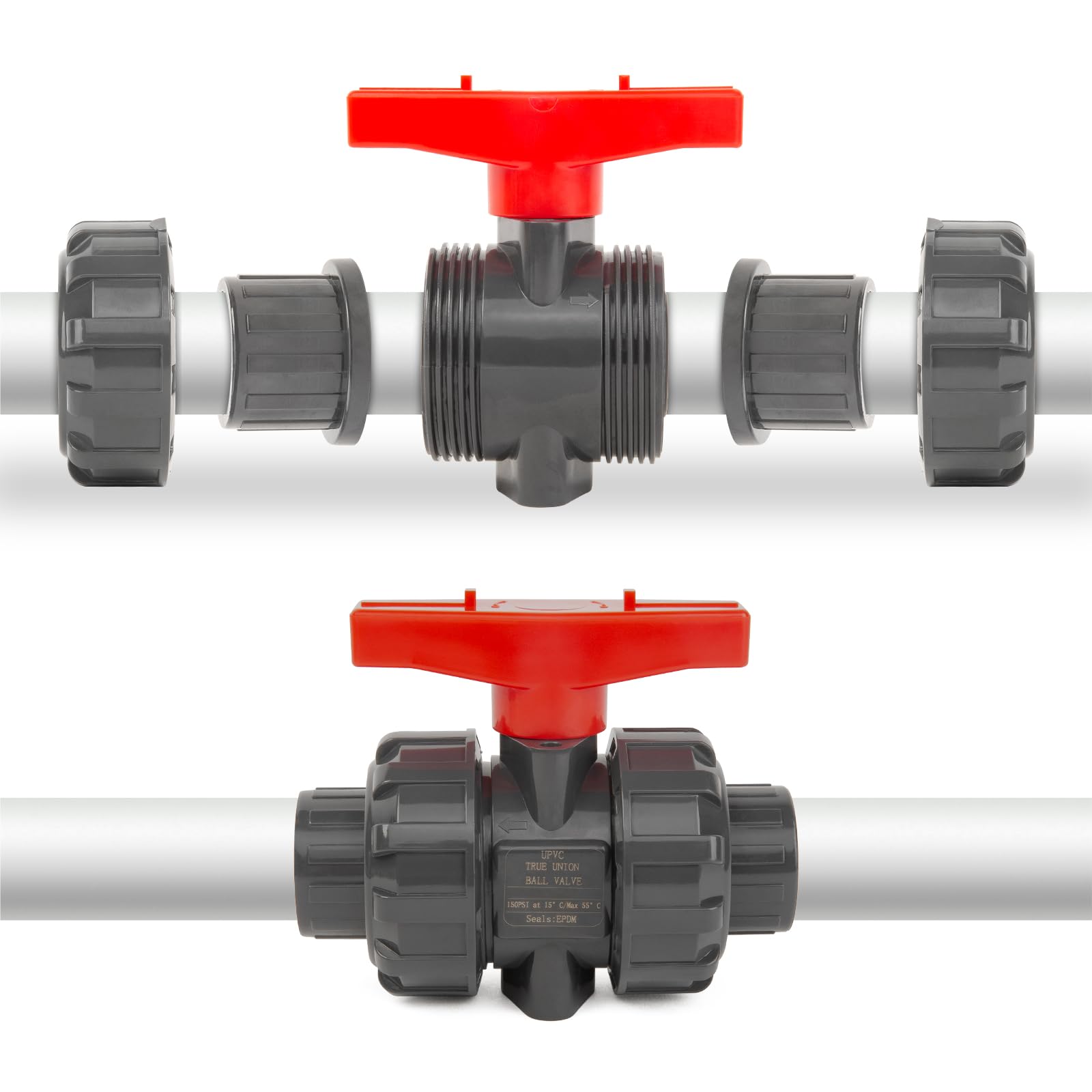 AIPOR 1-Inch UPVC Union Ball Valve 2-Pack - Full Port, 230 PSI, With EPDM O-Rings & Reversible Seats For Plumbing & Irrigation