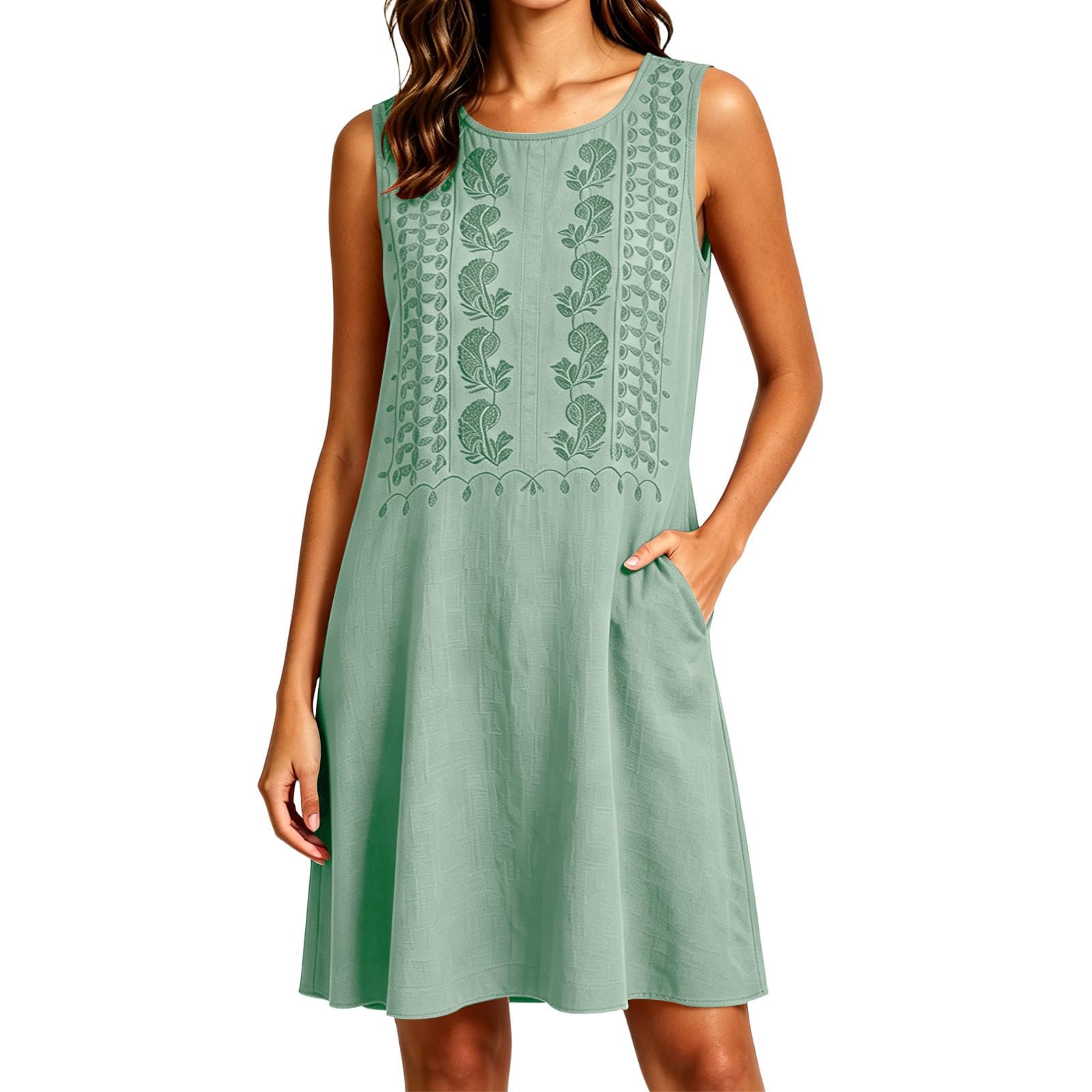 Robe Femme sans Manches avec Motifs Brodés Poches Latérales Coupe Trapèze Décontractée Élégante pour Été et Loisirs