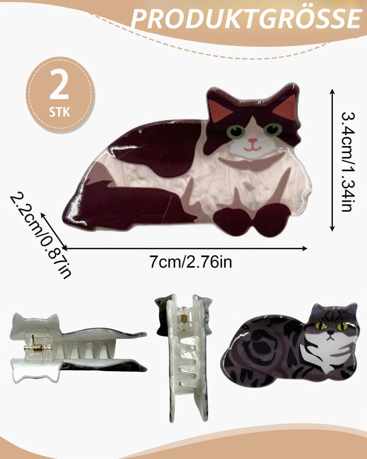 2 Stück Katzen-Haarspange, Katzenklammern für Haar, Tierhaarklammern, Damen-Haarspangen, Mädchenkrallen-Clips für Mädchen, Katzenliebhaber, Geschenke, rutschfeste Haarspange