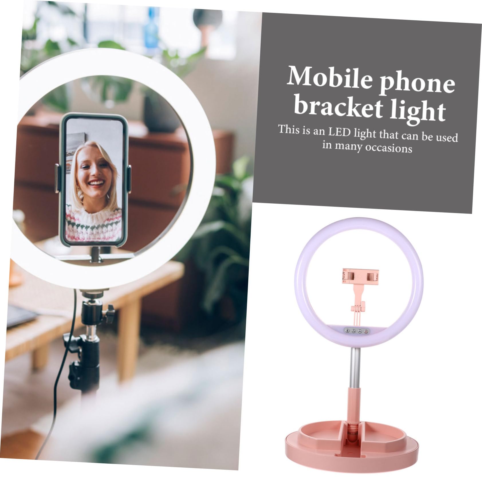 Lurrose Anillo de Luz LED Portátil Rosa Soporte Plegable para Teléfono Móvil, Luz Suave Ajustable 3300-6000k Adecuado para Fotos y Transmisiones en Directo