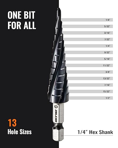 Miniatura 4 de ZELCAN Broca escalonada de cobalto M35 de 13 tamaños, broca de 18 a 12 pulgada de cuatro espirales para metal, broca escalonada HSS recubierta de