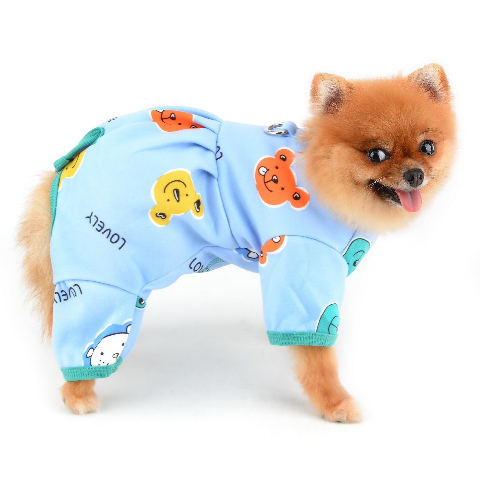 PAIDEFUL Small Dog Fleece Pajamas Pjs Stretchy Soft Doggie Pyjamas with Cute Bear Pet Jumpsuit Puppy Autumn Winter Outfits Warm Chihuahua Clothes Cats Costume D-ring,Blue,XS - Image 3