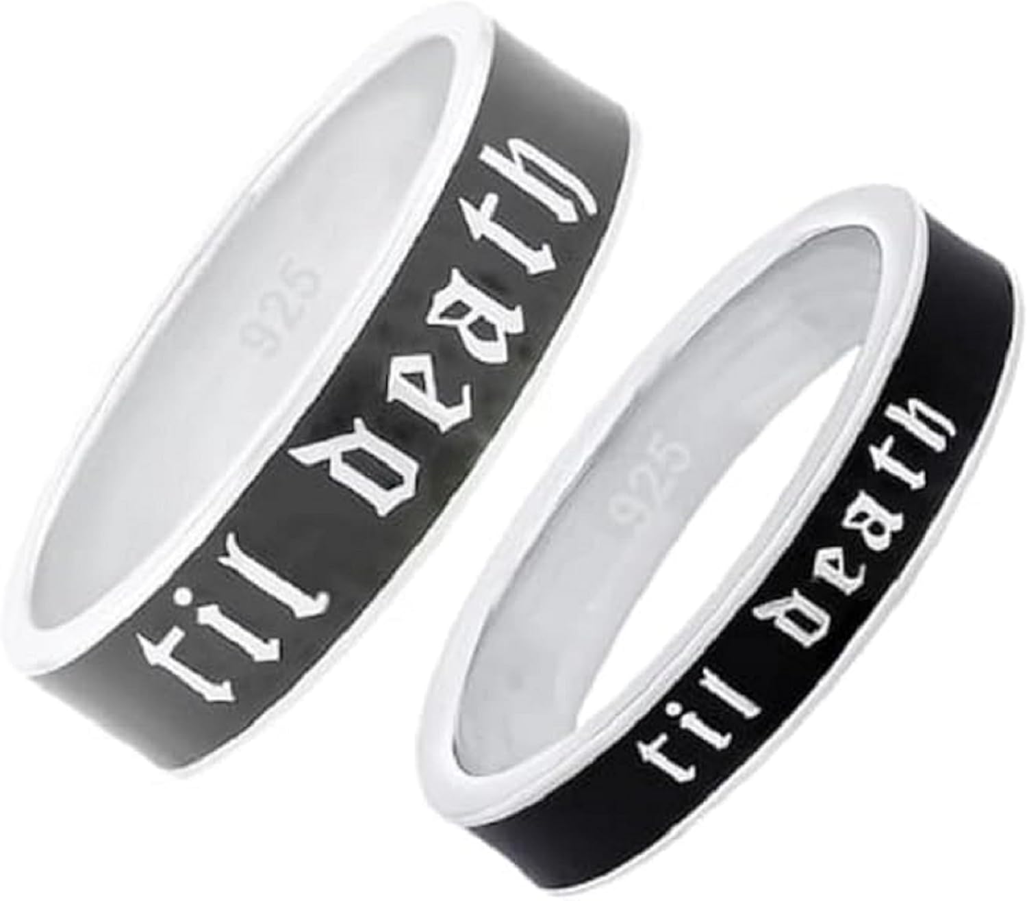 6mm and 4mm Wide Til Death Black Enamel Ring,Sterling Silver Band with Black Engraving, Gothic Wedding or Promise Ring, Stacking Anniversary Band, Personalized Jewelry for Her