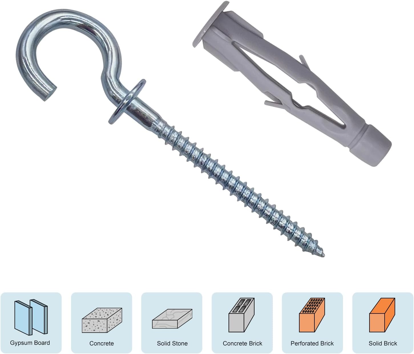 #10 x 3-1/4" Screw-in Cup Hooks with Wall Anchors, Heavy Duty Metal Hooks for Drywall, Concrete, Brick & Wood, 12-Pack
