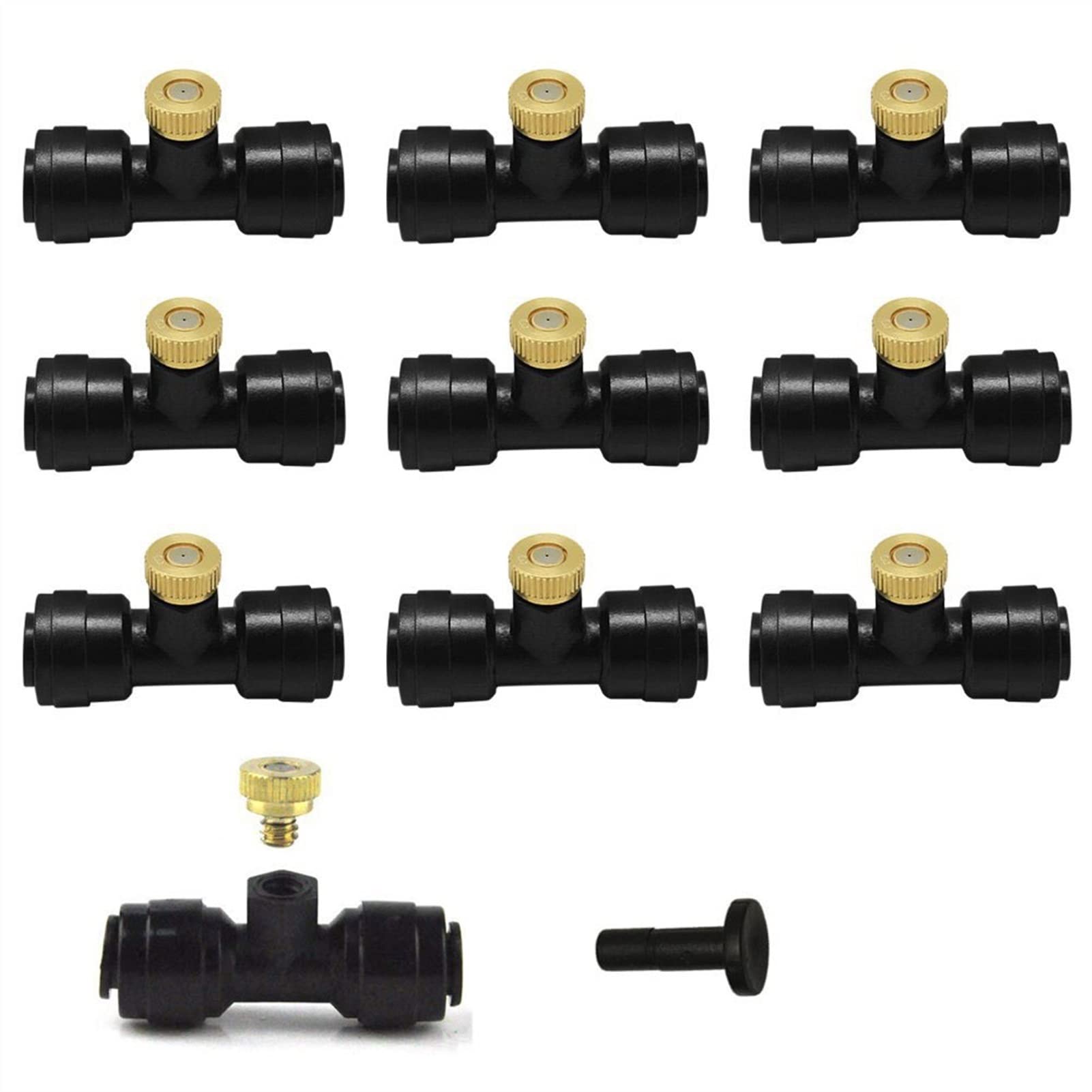 20 boquillas de nebulización de latón con conectores en T de 1/4", boquillas de nebulización de baja presión para sistemas de refrigeración, boquillas de nebulización de agua para rociadores de pati