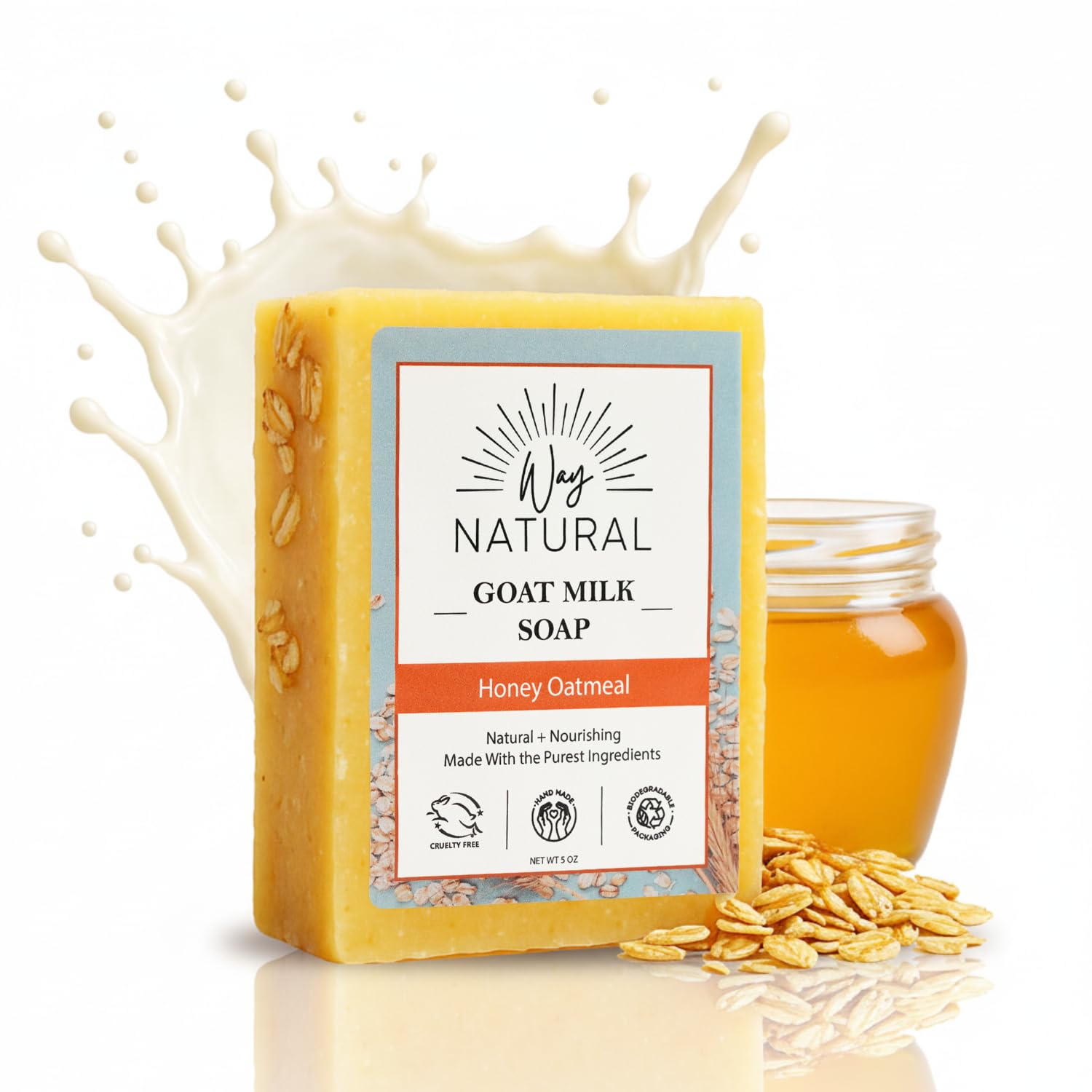 Way Natural Honey Oatmeal Soap Bar - Goat Milk Soap for Men, Women & Kids - Natural, Handmade w/Real Milk - Dry, Sensitive Skin, Hands/Body - Premium,