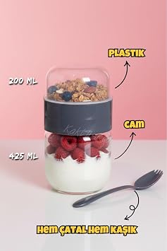 Kaşıklı Çatallı Cam Öğün Bardağı - Yemek Taşıma Ve Saklama Kabı - Müsli Kabı 625 Ml Antrasit, 7480000717855