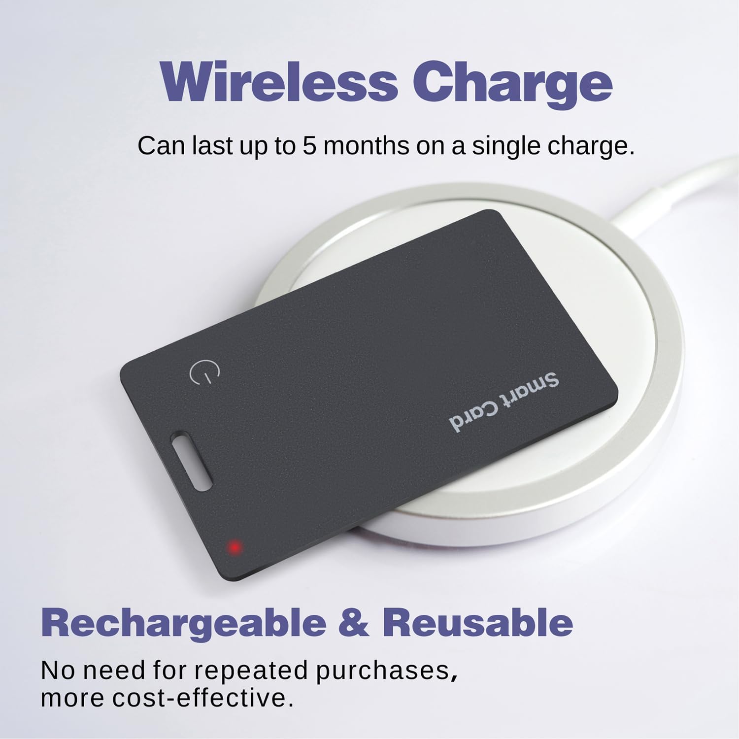 Reyke Slim Wallet Tracker Card placed on a wireless charging pad, with a red indicator light visible.
