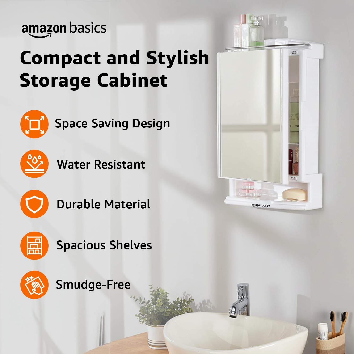Amazon Basics Plastic Multipurpose, Wall-Mounted Storage Cabinet with Mirror, Small (White)