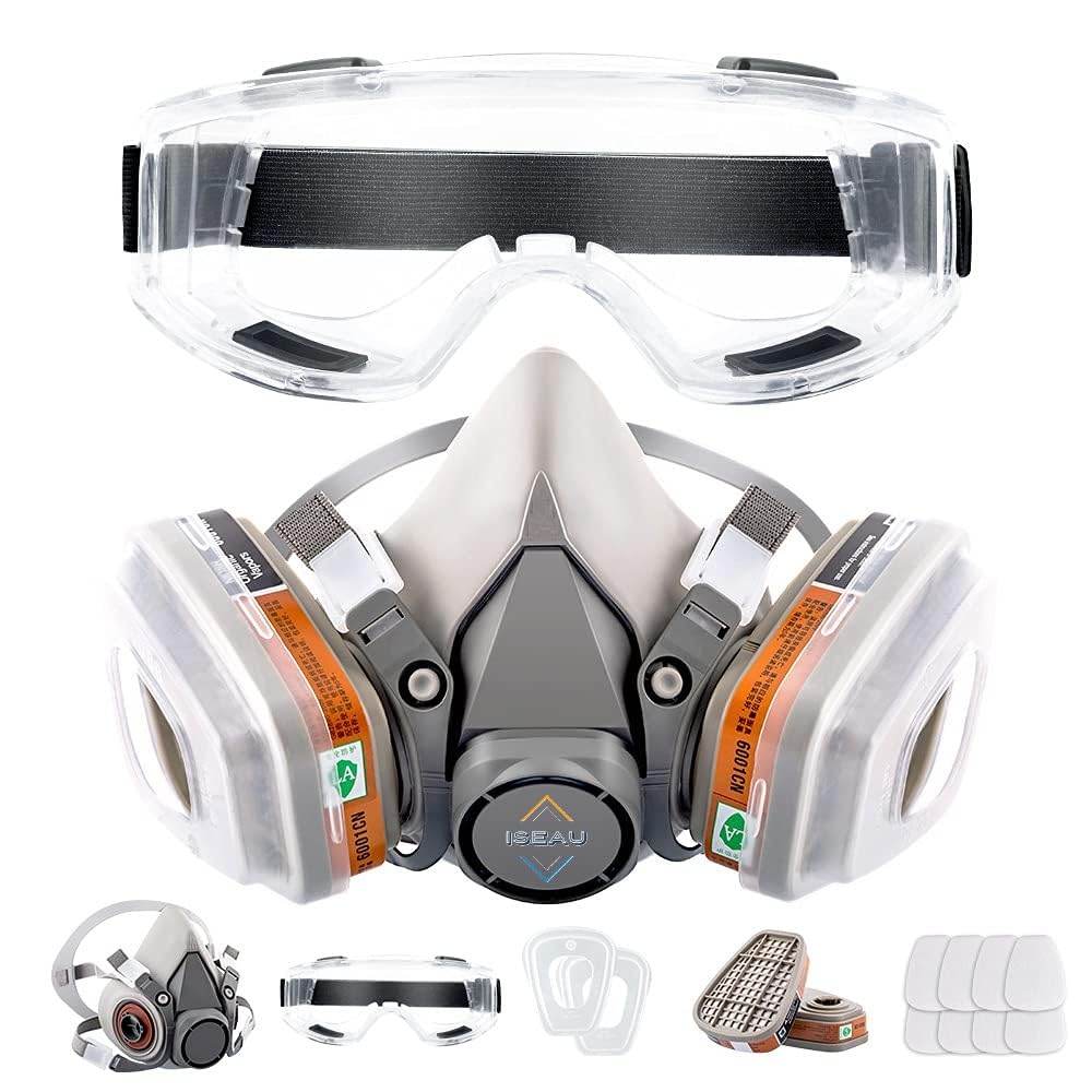 ISEAU Reusable Respirator Mask, Reusable Half Face Cover Gas Mask with Safety Glasses, Anti-Gas, Anti-Dust, Filters for Painting, Welding, Polishing, Woodworking, Epoxy Resin and DIY Project