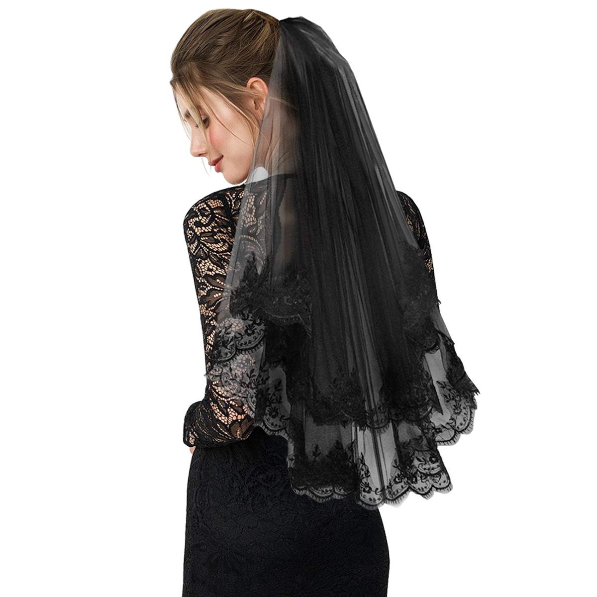 Black Lace Veil Vintage Wedding Veil Halloween Costume Comb Tulle with Appliques 2 Tiers Cosplay 80cm, Black, 80cm/30"