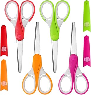 Potamish Kids Scissors (4-Pack, Rounded-tip, 5.2''), Small Safety Scissors Blunt-tip Toddler Scissors with Cover, Soft Grip Kid Scissors for School Classroom Children, Assorted Colors PM-041-CA-A