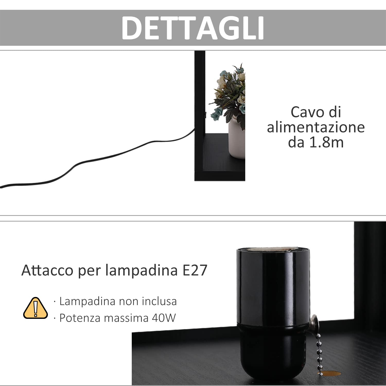 HOMCOM Lampada da Terra 2 in 1 Salvaspazio con 3 Ripiani, Lampada Moderna da Salotto, Soggiorno e Ufficio, Attacco E27, 26 x 26 x 160 cm, Nero Bianco