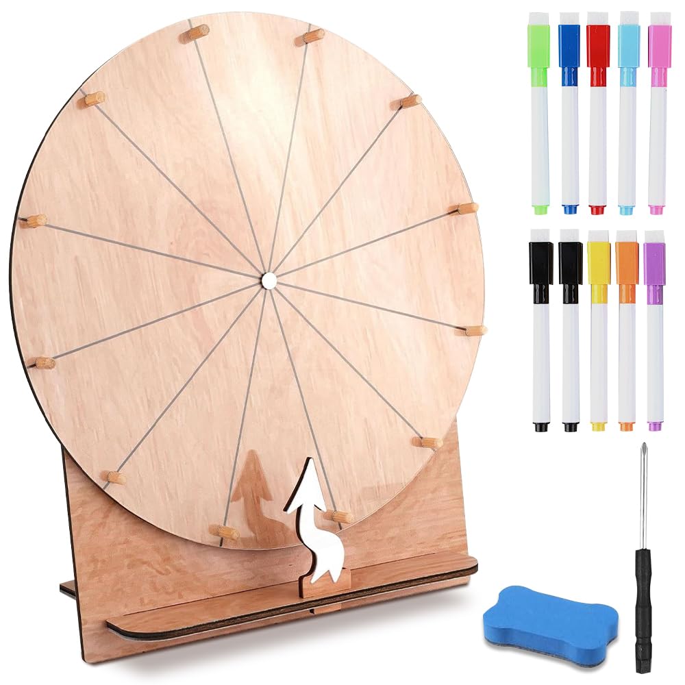 Ruota Della Fortuna Gioco, TGKYK 30cm 12 Slot Ruota dei Premi in Legno con Gomma, Pennarello e Cacciavite, Gioco la Ruota Della Fortuna, Ruota dei Premi Che Gira per Matrimoni, Feste, Scuole
