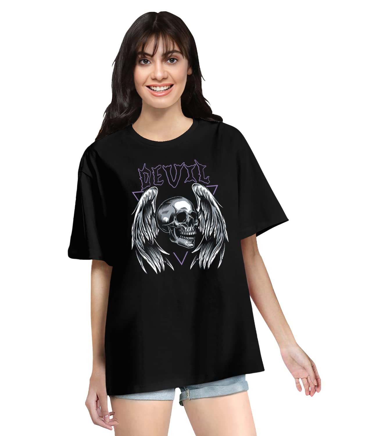 oplu Women's Oversized Devil Graphic Printed Round Neck Multicolour T-Shirts. 100% Cotton, Loose Tshirt, Drop Shoulder, Pootlu, Casual, Graphic Printed T-Shirts-picture-25