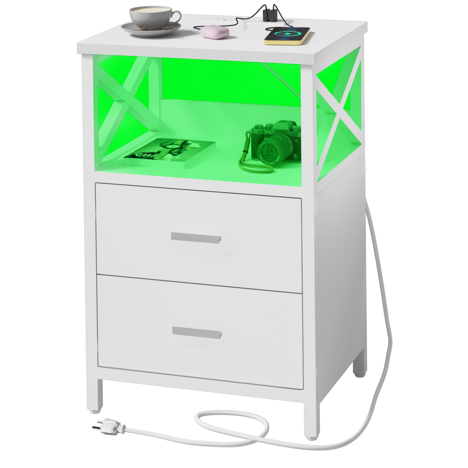 HDDDZSW LED Nightstand with Charging Station, Side Table with USB Ports and Outlets, End Table for Small Spaces, White Bedside Tables with Fabric-Wood