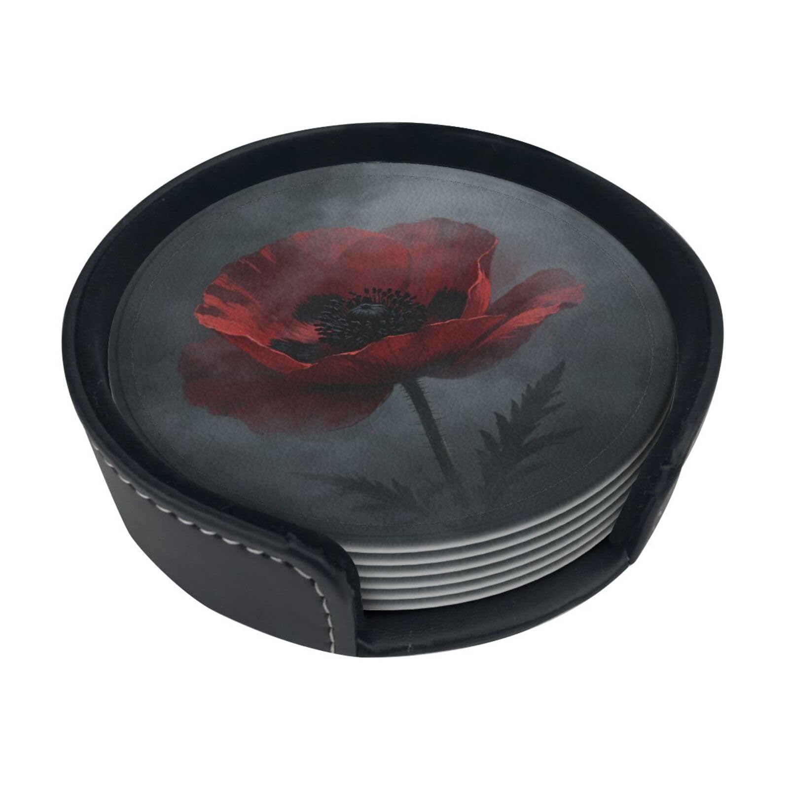 Cntdbu White Dark Red Poppy Leather Coasters Set Of 6-Pu Leather Drink Mats For Table, Heat Resistant Round Coasters With Holder