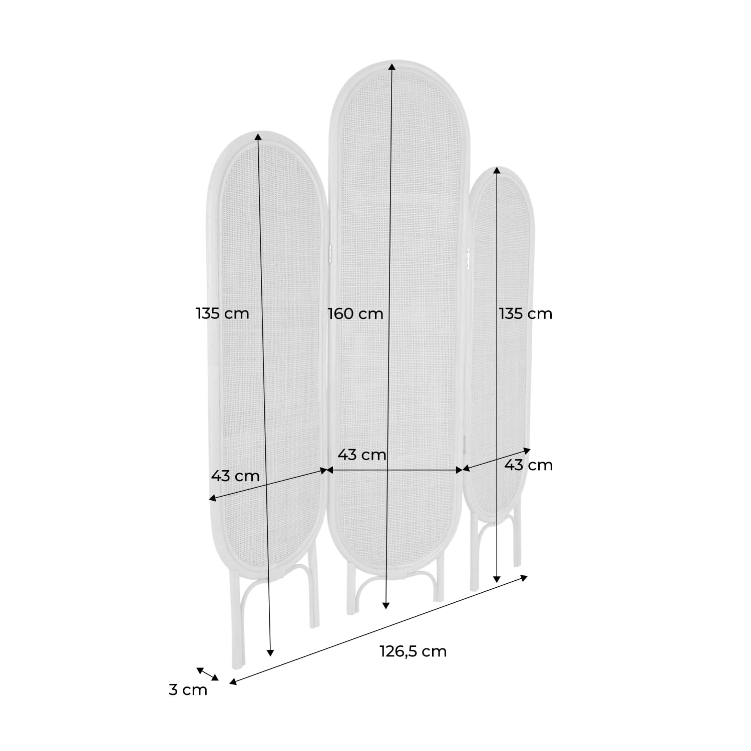 sweeek Paravento Pieghevole da Interno in Rattan, Kaolin, Marrone Naturale, 126.5x3x160 cm