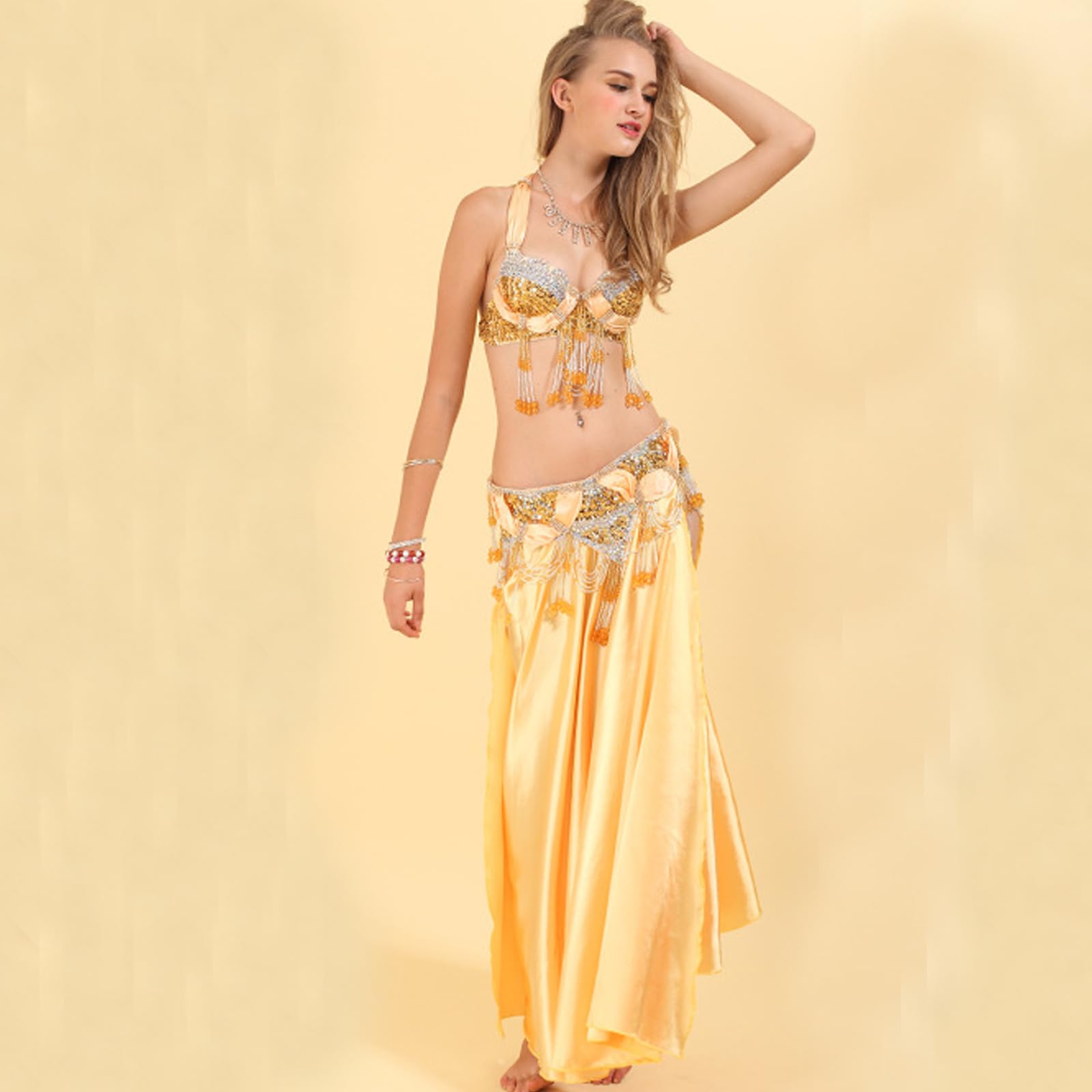 Traje Danza Vientre para Mujer Conjunto 3 Piezas,Ropa Rendimiento satén con Dos Aberturas Laterales para Danza Vientre,Faldas flamencas Carnaval Halloween Traje Danza Vientre,Oro,S