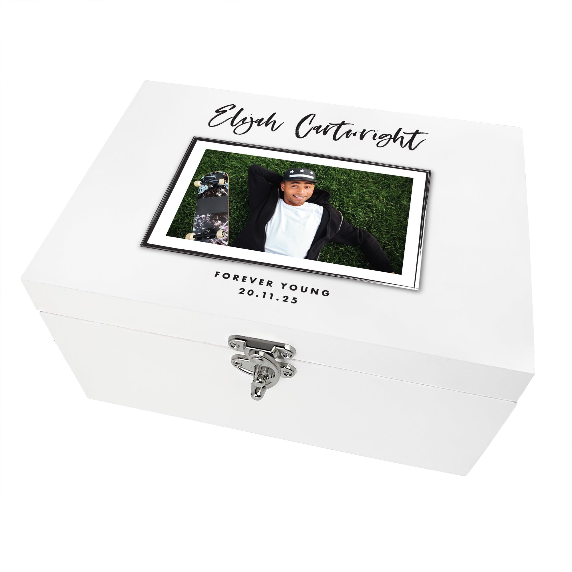 The Lovely Keepsake Company White Personalised Wooden Photo Memory Box | Custom Landscape Photo Keepsake Box | Personalised Name, Message & Date Gift | Pine Box For Milestones, Birthdays & Memorials | 22 X 15 X 10Cm